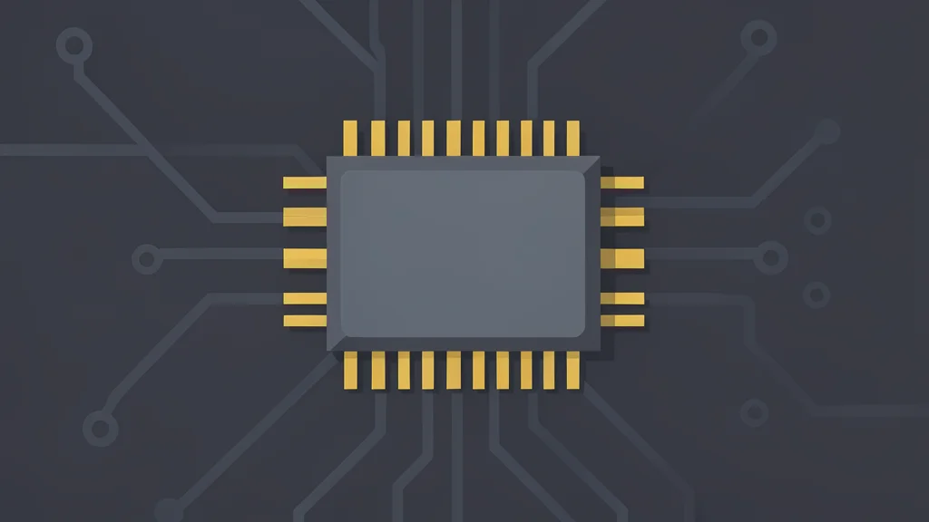 A close-up view of a rectangular microchip with gold contact pins resting on a dark circuit board
