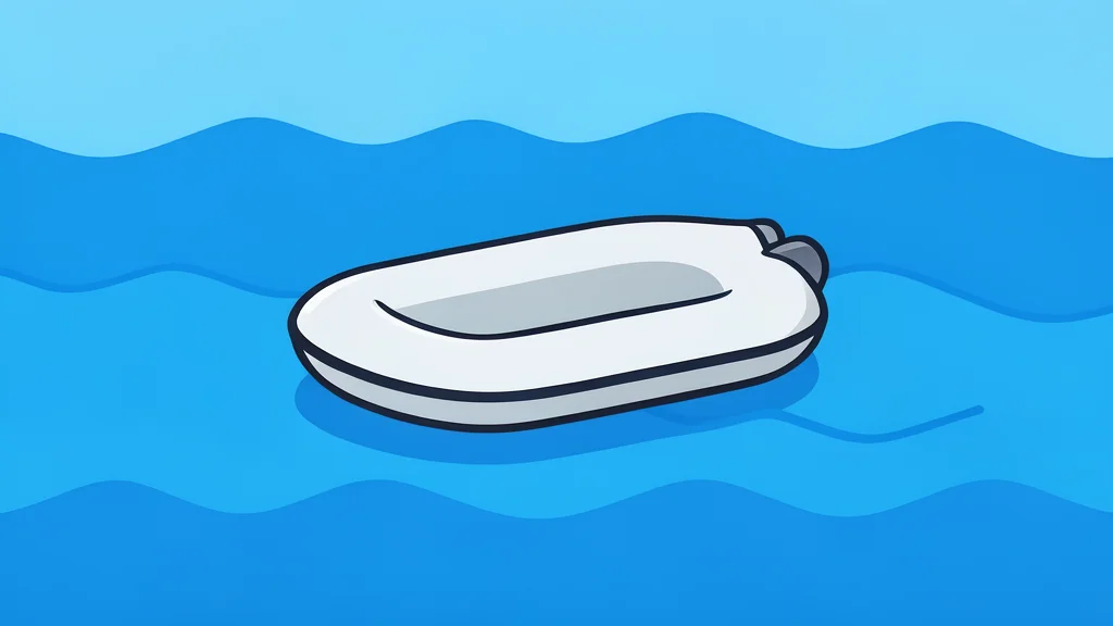 A small inflatable dinghy floating on choppy blue water