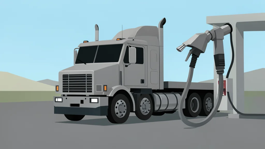 A heavy-duty semi-truck parked at a fueling station with a large metal pump nozzle in the foreground