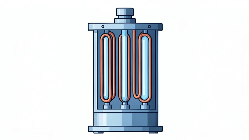 A complex assembly of copper coils and glass vacuum tubes inside a metallic cryostat chamber