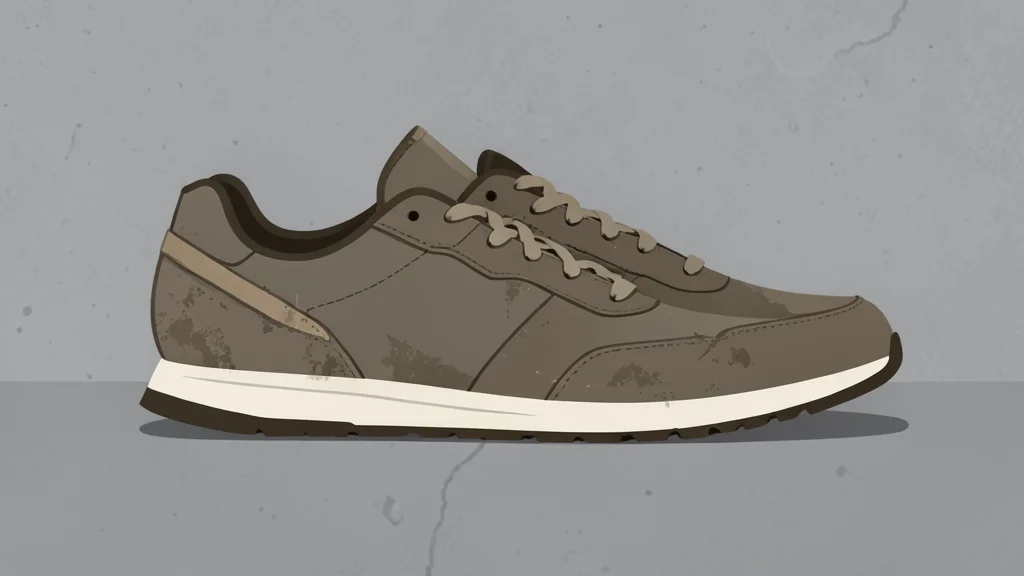 A pair of worn athletic sneakers resting on a concrete surface