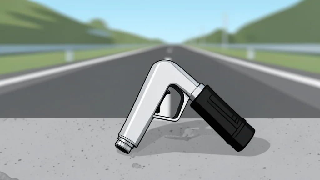 A fuel pump nozzle resting on a concrete surface next to a blurred background of a highway