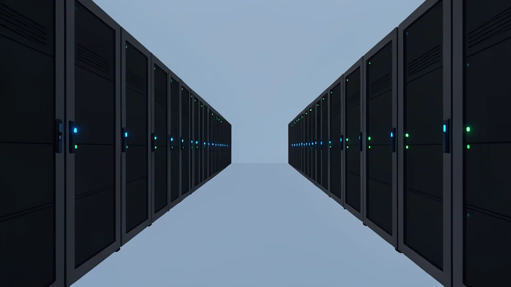 A vast, empty data center corridor with rows of server racks and glowing status lights