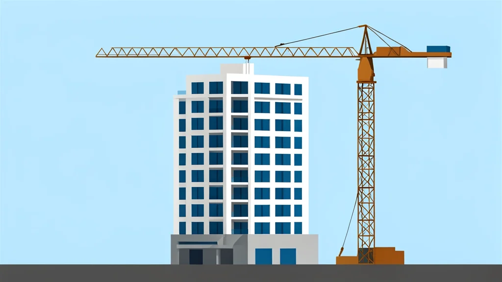 A modern high-rise residential building under construction with a crane in the background