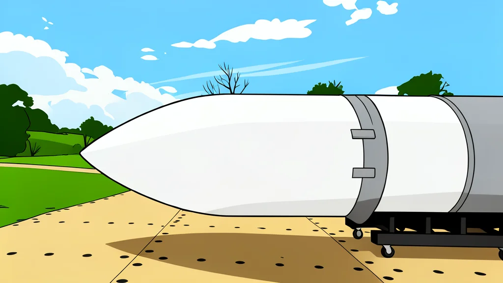 A sleek white rocket stands vertically on a concrete pad under a clear blue sky.