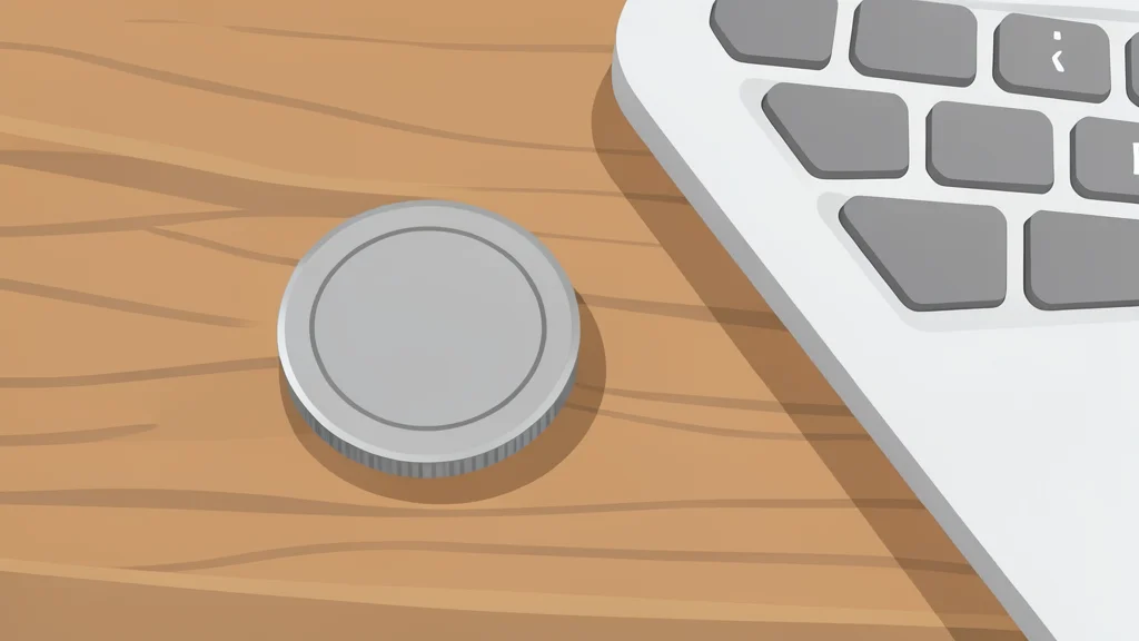 A digital coin resting on a wooden desk next to a laptop keyboard