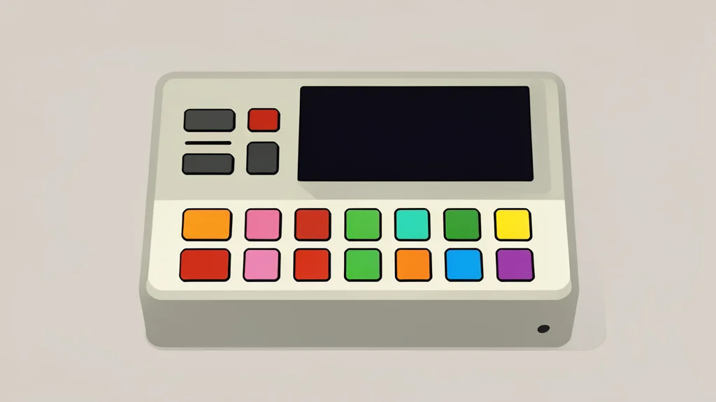 A stylized vintage electronic drum machine with a grid of buttons and a small display screen