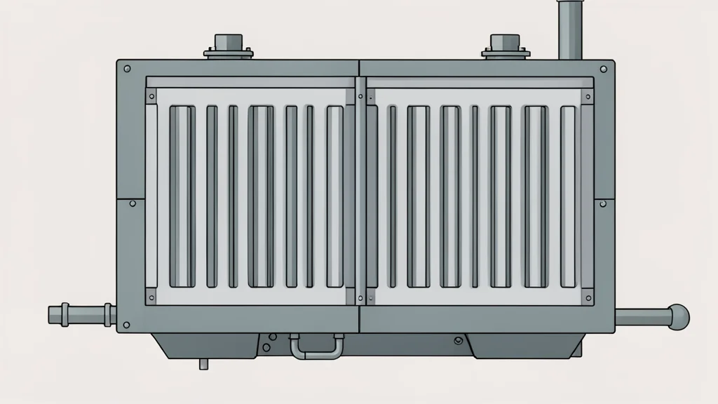 A large, rectangular industrial fuel cell stack with visible metal fins and piping connections