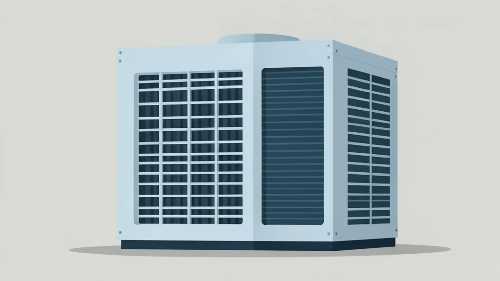 A large industrial cooling unit with visible heat exchanger fins and ventilation grilles