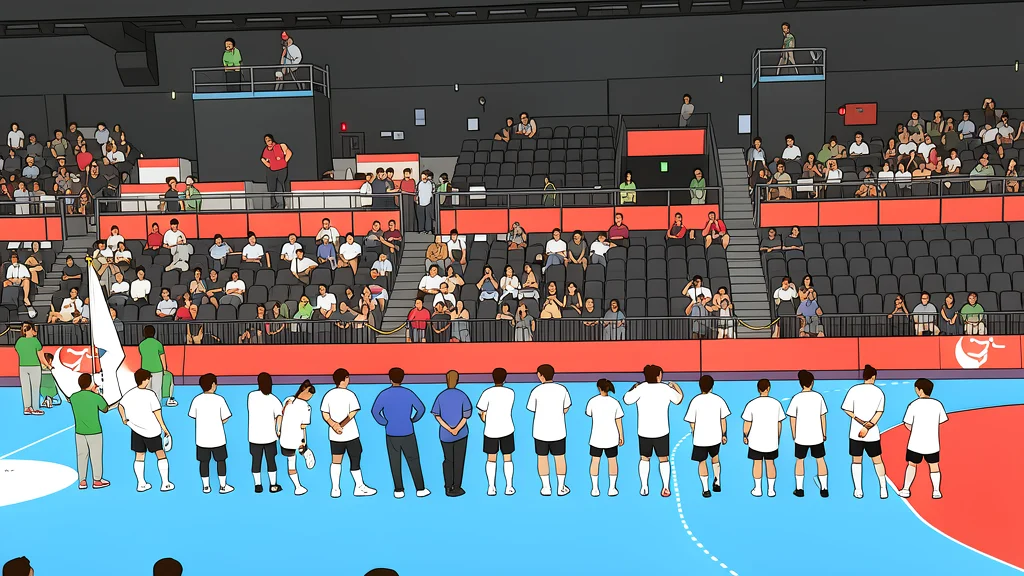 A handball resting on a polished indoor court floor near the goal line