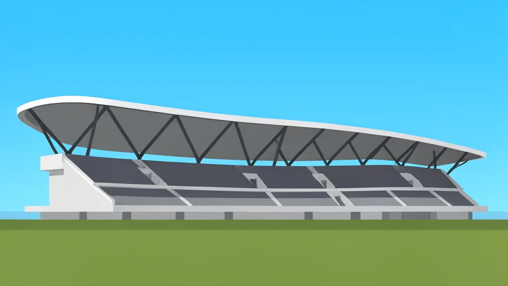 A large, modern stadium structure with a sweeping roof and empty seating bowl, set against a clear sky.