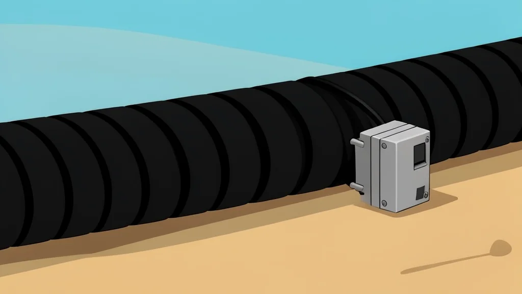 A sleek, metallic autonomous underwater vehicle hovering in the deep blue ocean water
