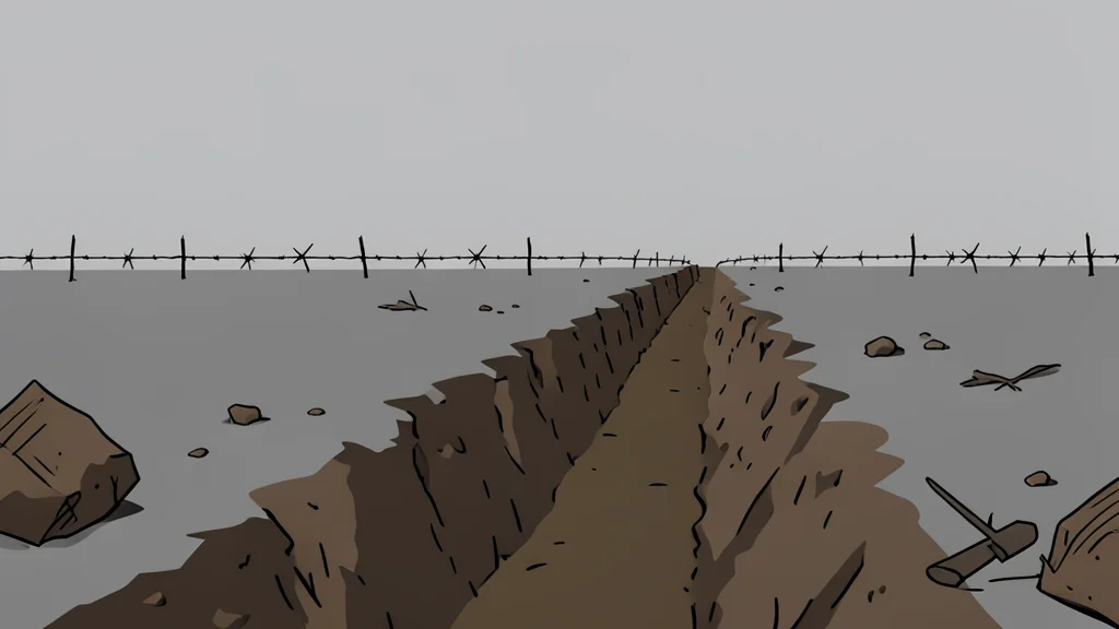 A muddy trench line cutting through a grey, overcast field with scattered debris and barbed wire