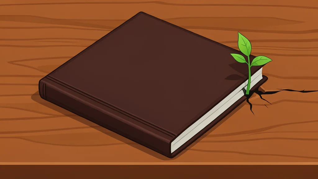 A stack of heavy bound ledgers on a wooden desk next to a small seedling growing from a crack in the floor.