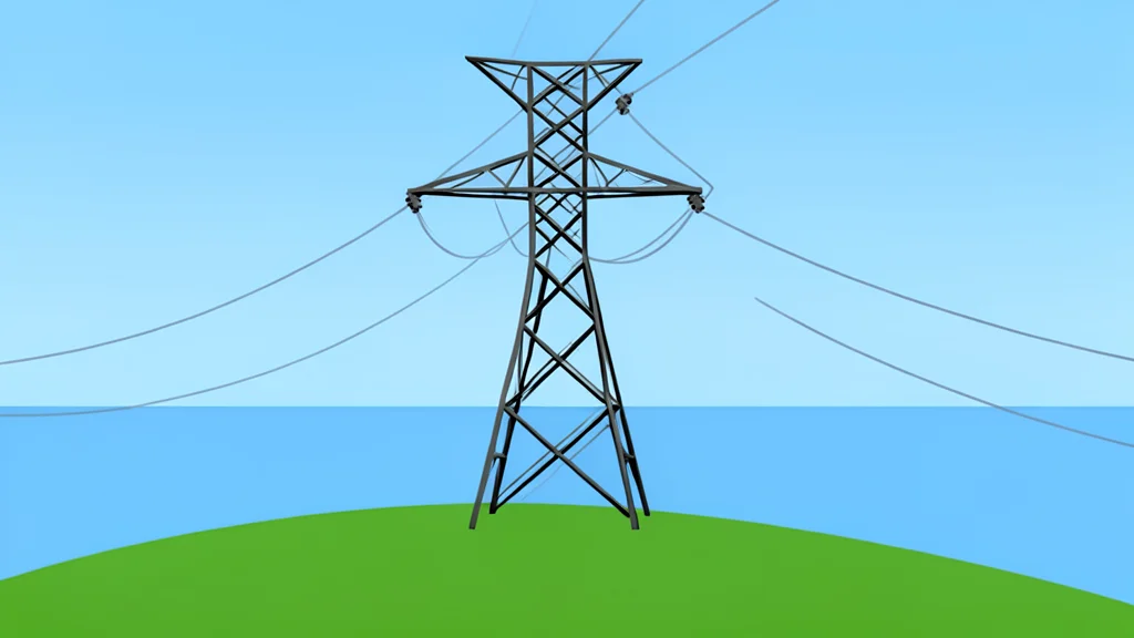 A high-voltage electricity pylon standing on a grassy hillside overlooking a calm blue ocean horizon