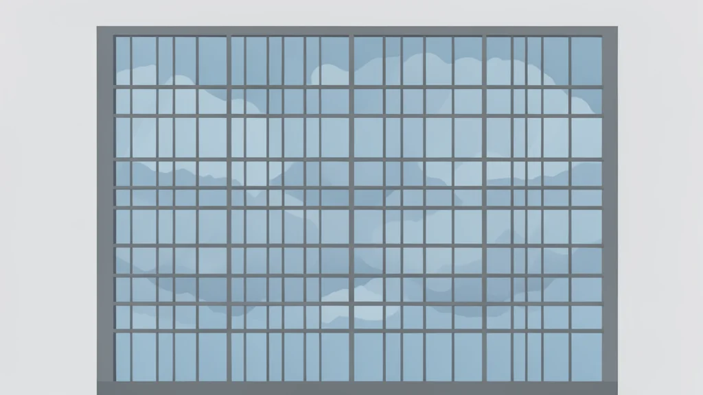 A modern glass office building with a grid of windows reflecting a cloudy sky