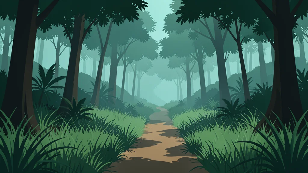 A narrow dirt path winds through a dense, misty tropical forest with tall grasses and trees.