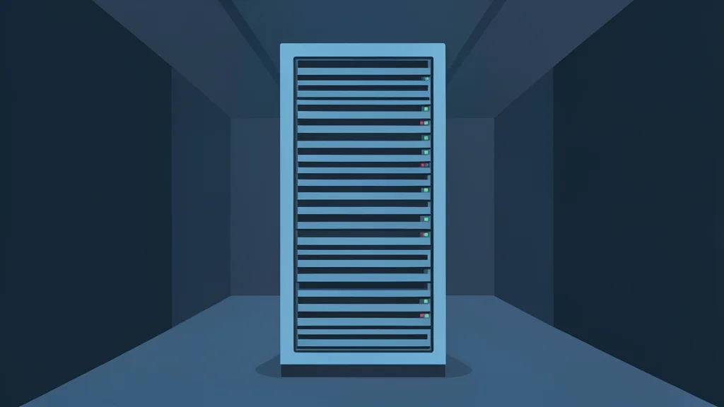 A server rack in a dimly lit data center with subtle blue lighting