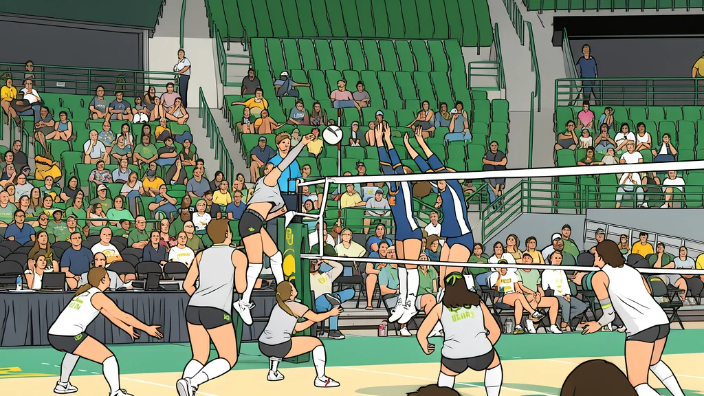 A white volleyball resting on a polished wooden gymnasium floor near a net post