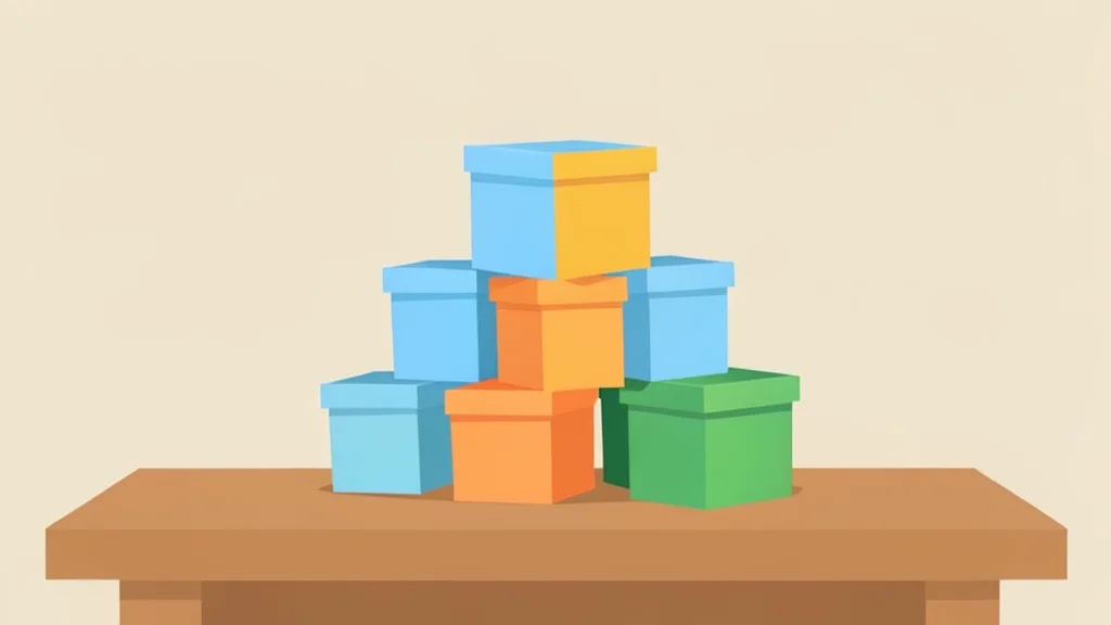 A collection of small, colorful cardboard boxes stacked on a wooden table, representing indie game packages