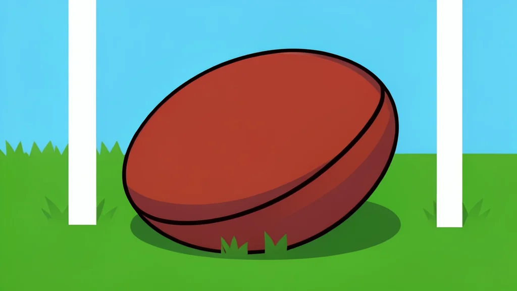 A rugby ball resting on green grass near a white goalpost