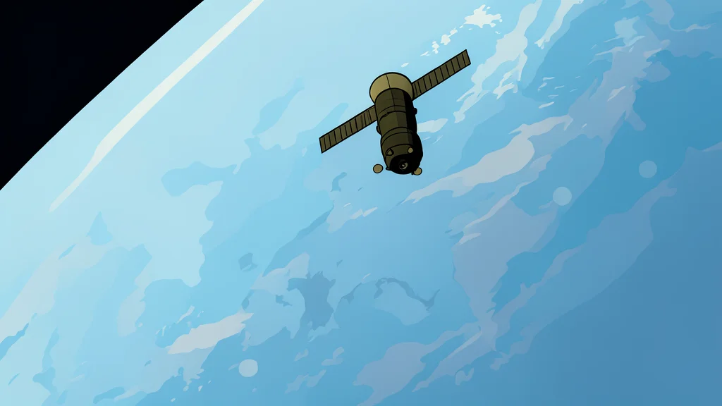 A metallic robotic spacecraft with solar panels orbiting above a blue planet