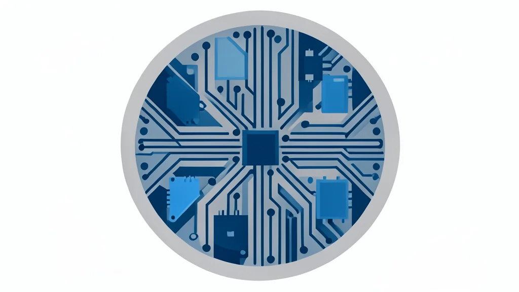 A close-up view of a complex silicon wafer with intricate circuit patterns