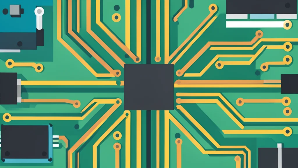 A close-up view of a complex circuit board with intricate copper traces and integrated components