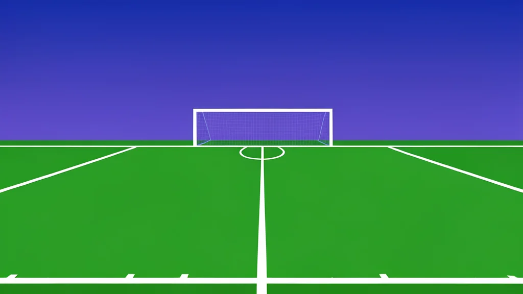 A grassy football field with white yard lines and goalposts under a twilight sky
