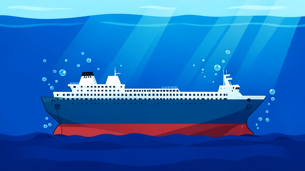 A large passenger ferry hull resting on the seabed of a deep blue ocean, surrounded by rising bubbles and shafts of light filtering through the water surface.