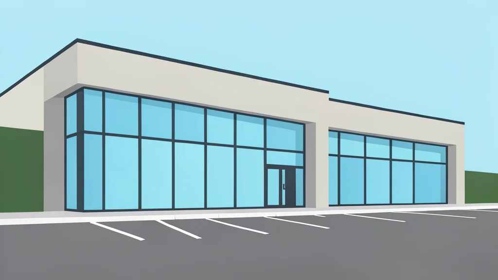 A modern commercial retail building exterior with large glass windows and a paved parking lot.