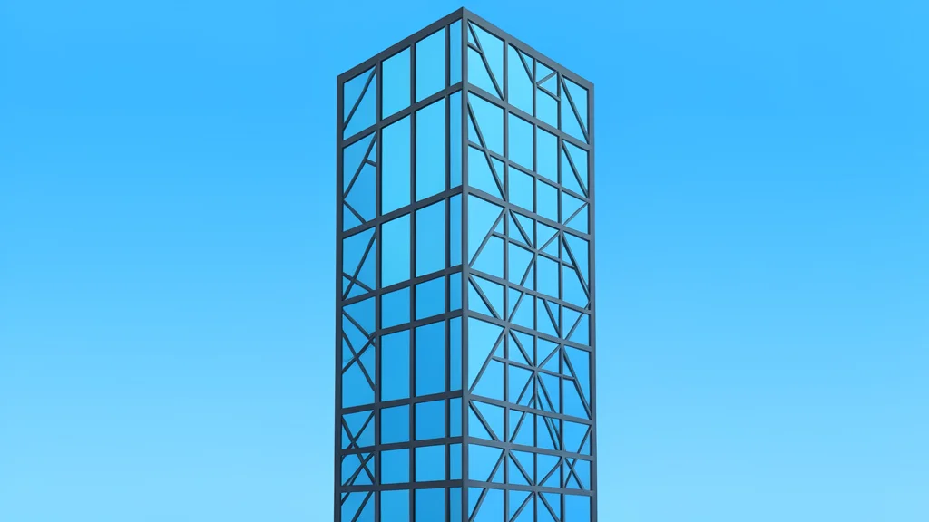 A modern glass skyscraper facade reflecting a clear blue sky