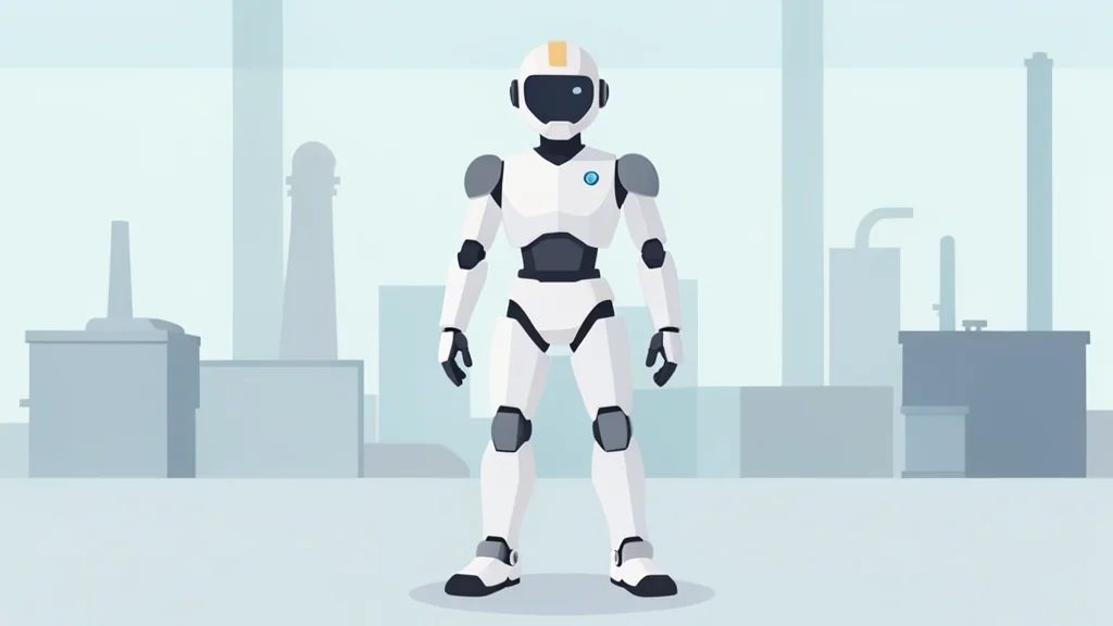 A flat-vector illustration of a humanoid robot standing in a clean industrial facility