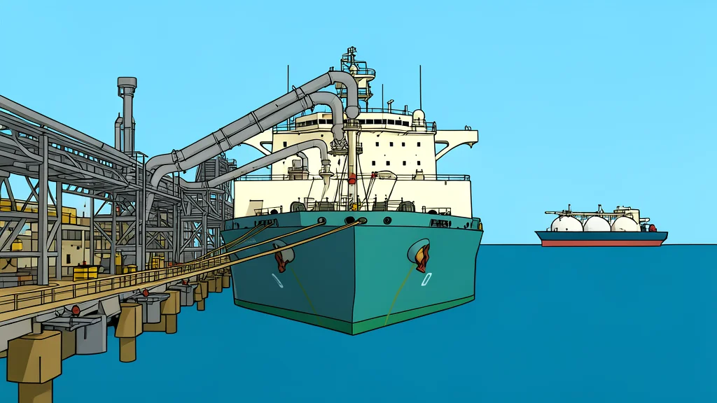 A large industrial gas processing facility with silver pipes and storage tanks situated near a coastline