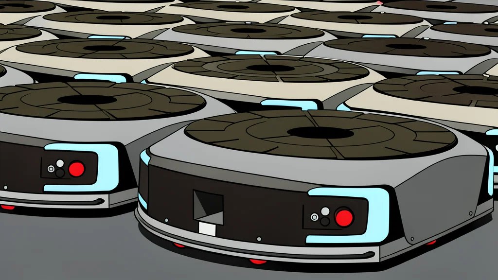 A white autonomous mobile robot with a flat top platform moving along a marked lane in a large warehouse aisle