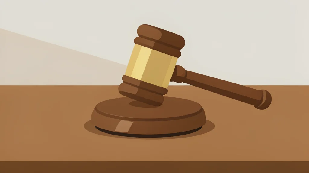 A wooden gavel resting on a polished desk surface
