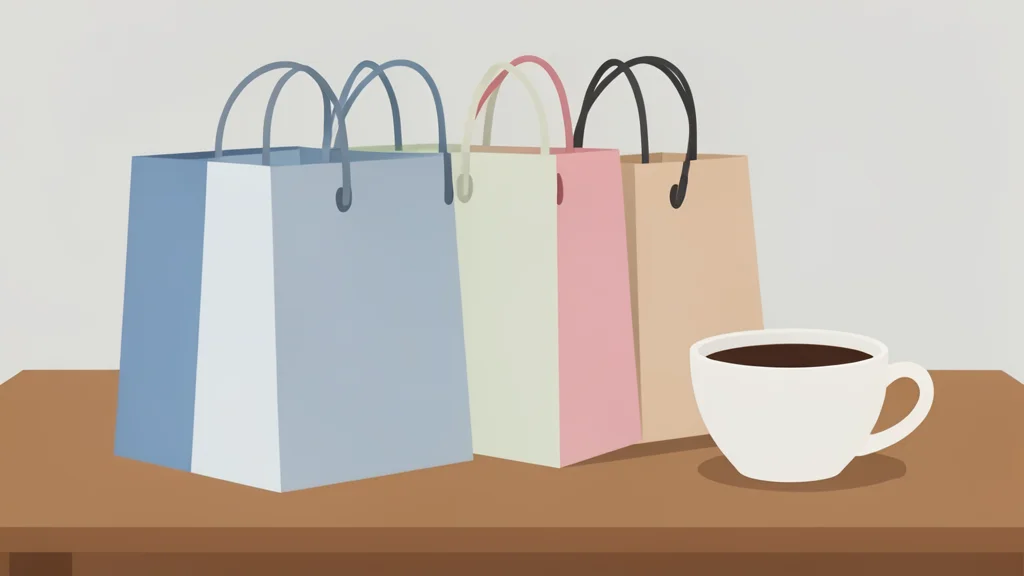 A collection of generic retail shopping bags and a coffee cup on a wooden table