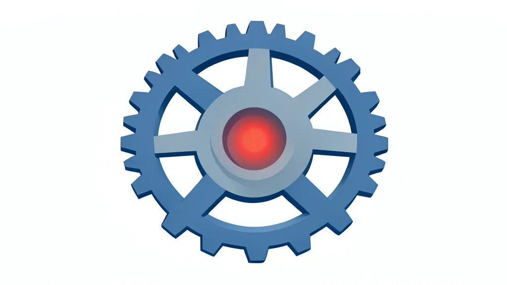 A complex, interlocking mechanical gear system with a small, glowing red warning light embedded in the center