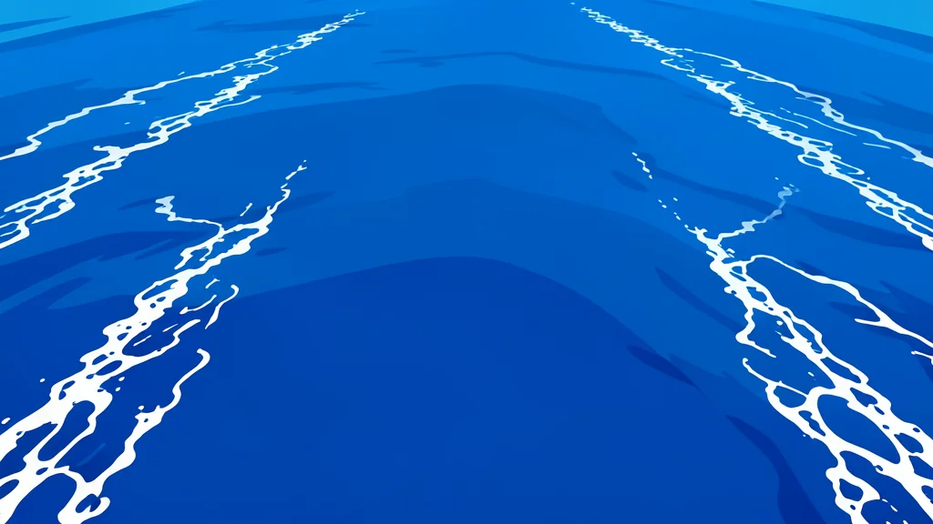 A wide expanse of deep blue ocean water with white foam from ship wakes, viewed from a high angle