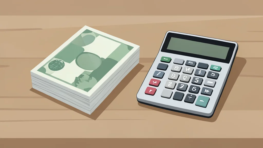 A flat vector illustration of a stack of paper currency and a calculator on a wooden desk.
