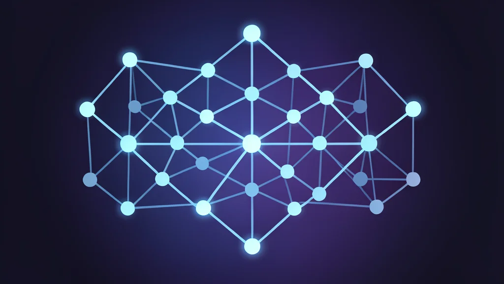 A complex network of glowing nodes connected by thin lines, symbolizing interconnected data processing