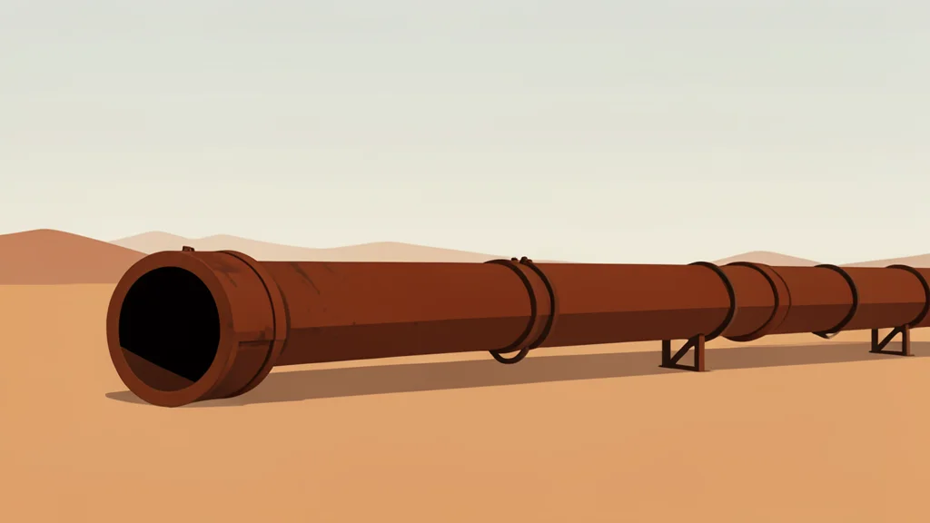 A long, rusted steel pipeline stretches across a dry, arid desert landscape under a hazy sky.