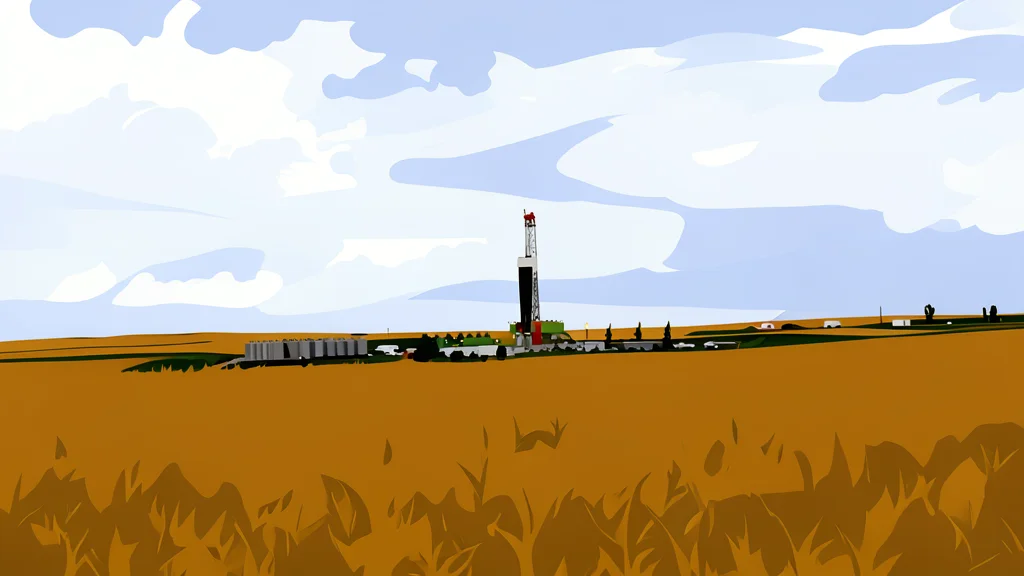 A tall steel derrick structure standing in a flat, open landscape under a clear sky