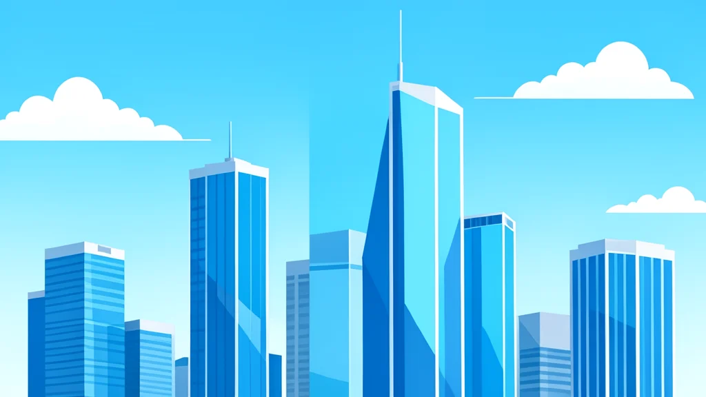 A modern city skyline with glass skyscrapers reflecting the sky