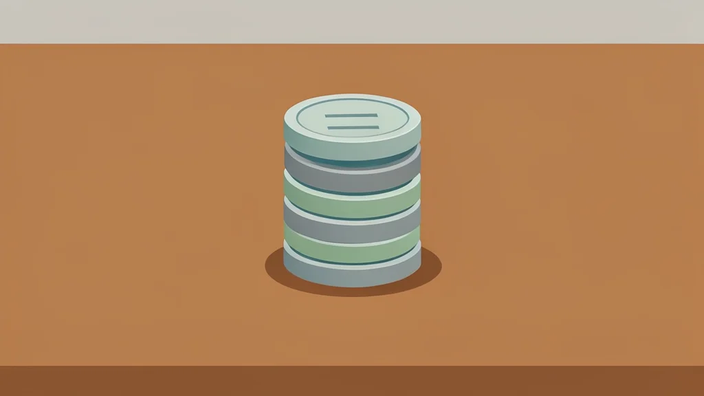 A stack of physical coins resting on a polished wooden desk surface