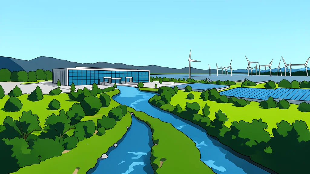 A large industrial warehouse exterior with cooling towers and solar panels on the roof