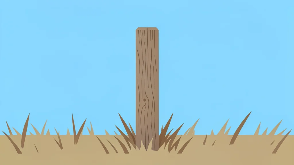 A weathered wooden fence post standing alone in a dry, grassy field under a clear sky