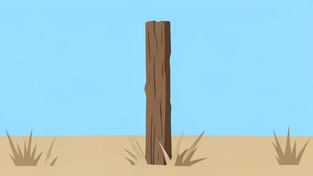 A weathered wooden fence post standing in a dry, grassy field under a clear sky