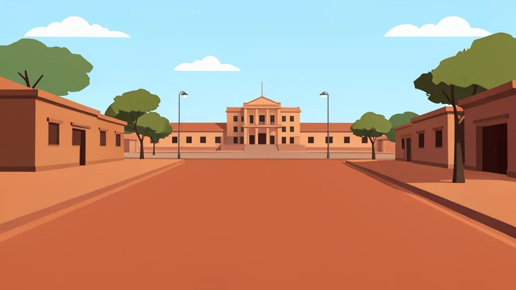 A dusty red-earth road in a West African city with a large, empty public square and a distant view of a government building facade.