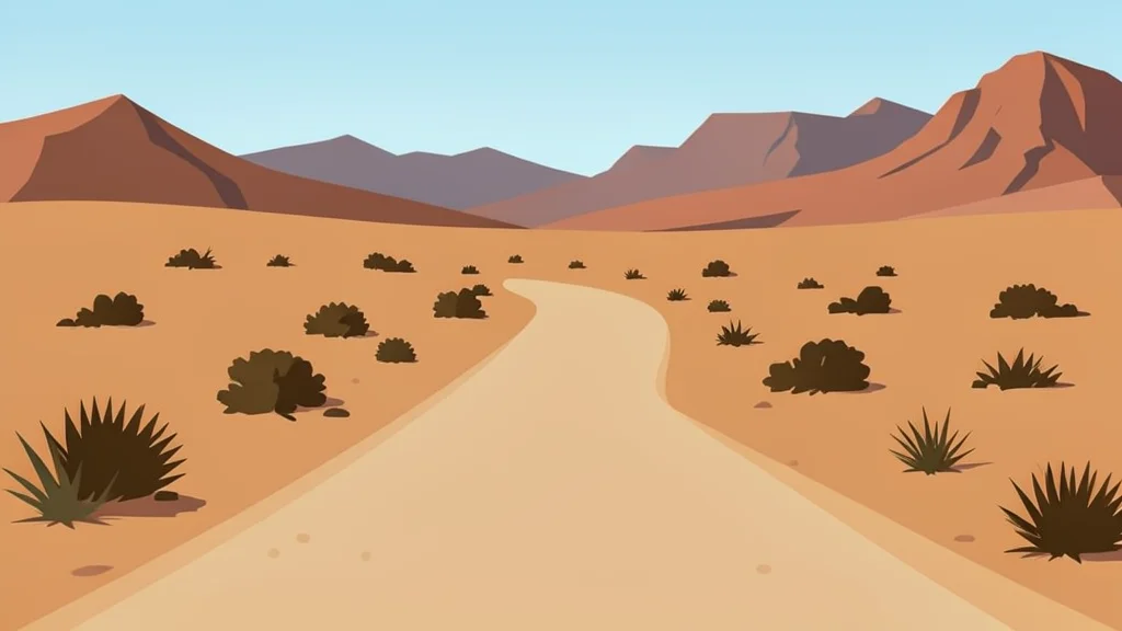 A dusty, unpaved road winding through a dry, arid landscape with sparse vegetation and distant rocky hills.